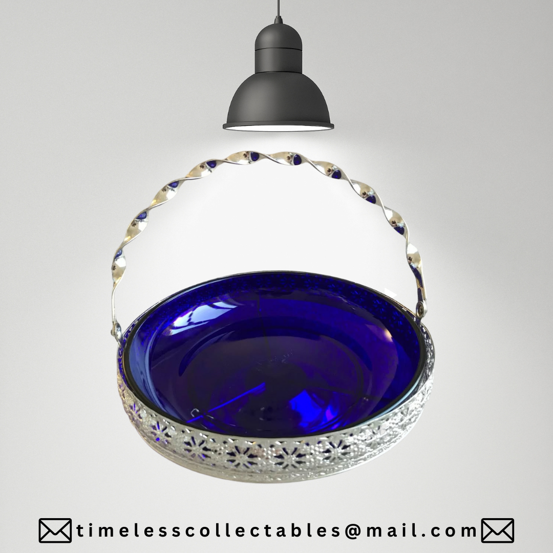 Vintage Queen Anne Large Chrome & Cobalt Blue Glass Bowl With Handle
