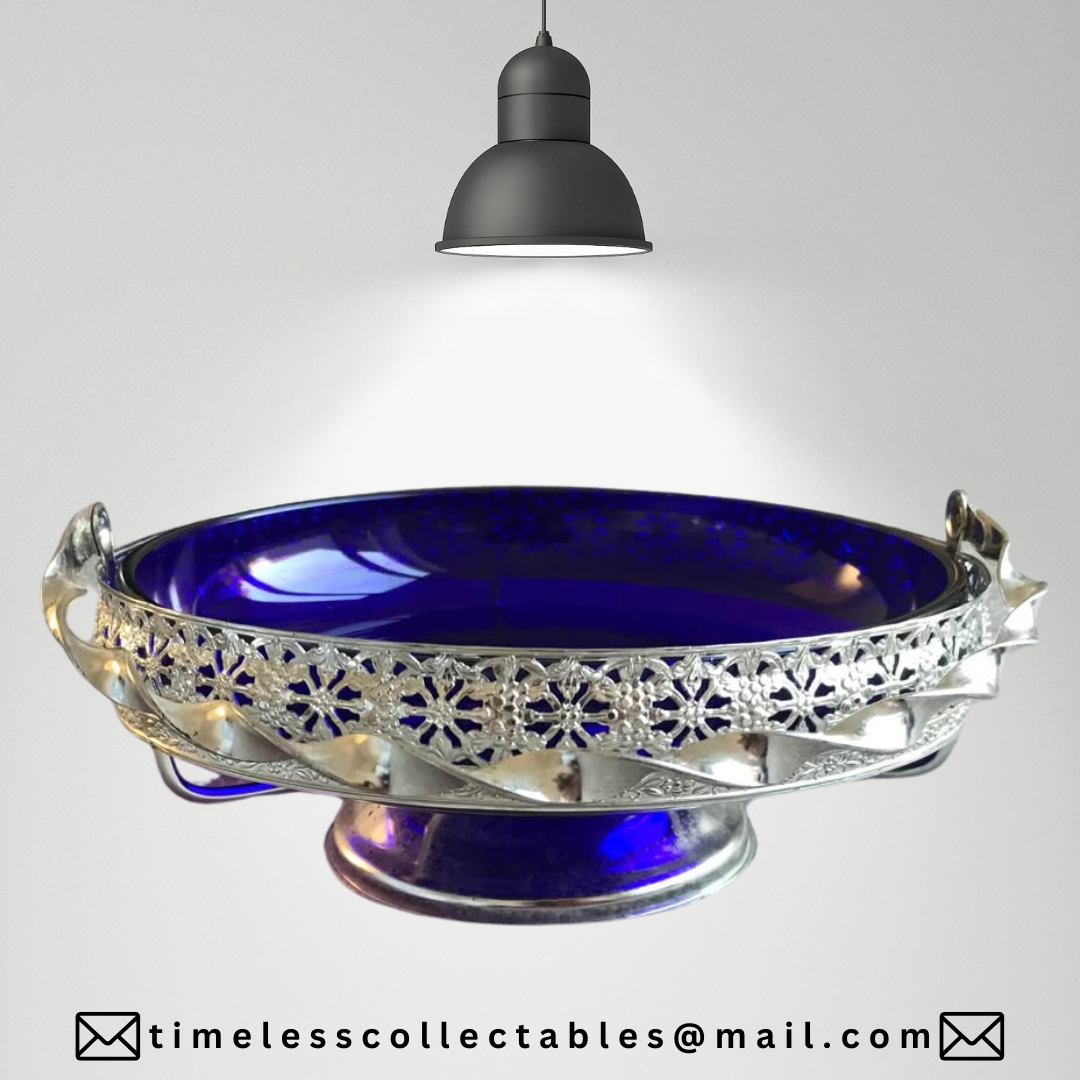 Vintage Queen Anne Large Chrome & Cobalt Blue Glass Bowl With Handle