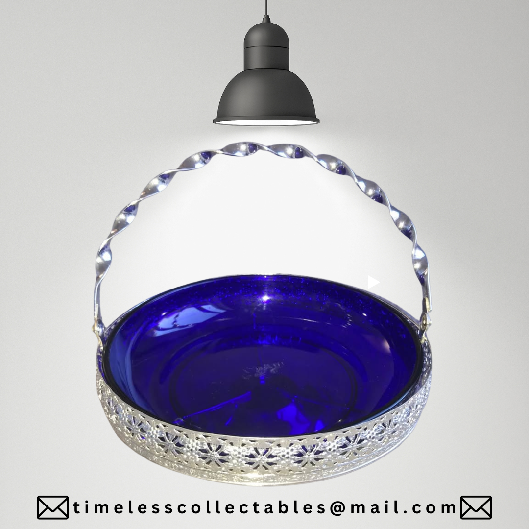 Vintage Queen Anne Large Chrome & Cobalt Blue Glass Bowl With Handle