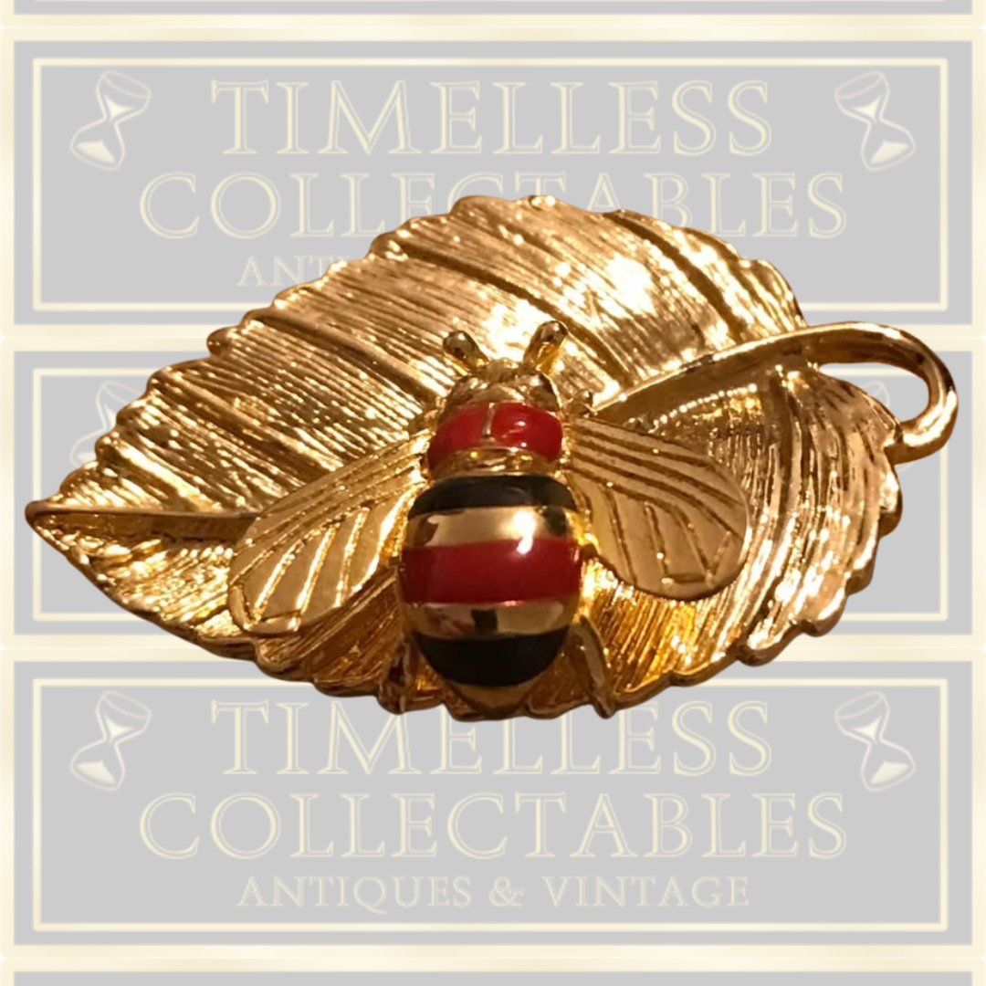 Vintage Bee Brooch Pin On A Leaf