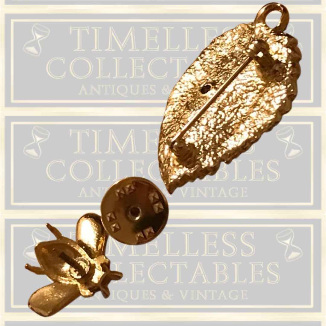 Vintage Bee Brooch Pin On A Leaf