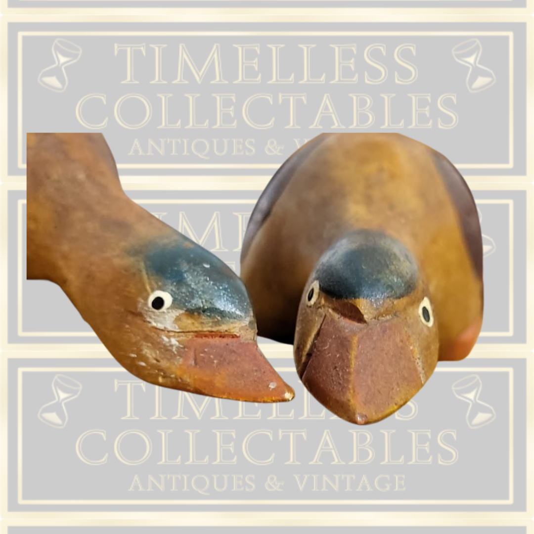 Pair Folk Art Wooden Feeding Ducks