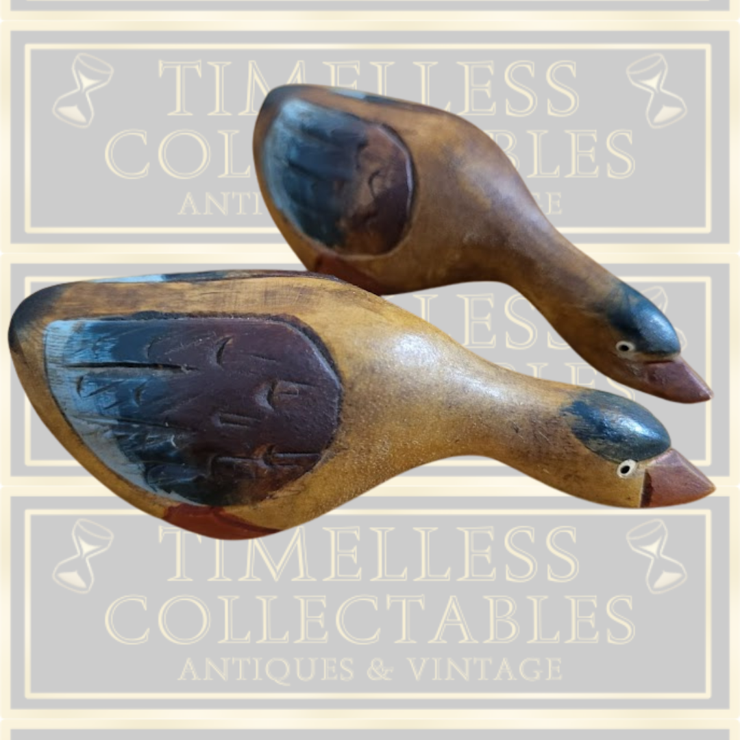 Pair Folk Art Wooden Feeding Ducks