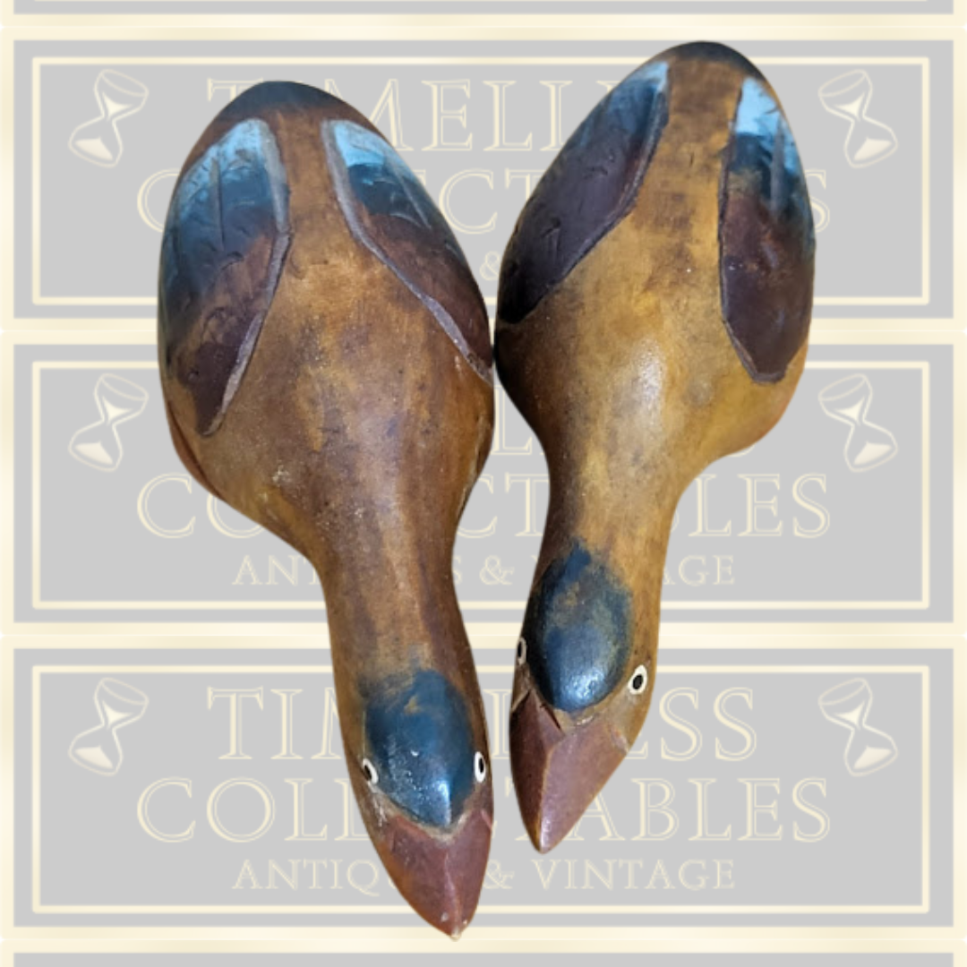 Pair Folk Art Wooden Feeding Ducks