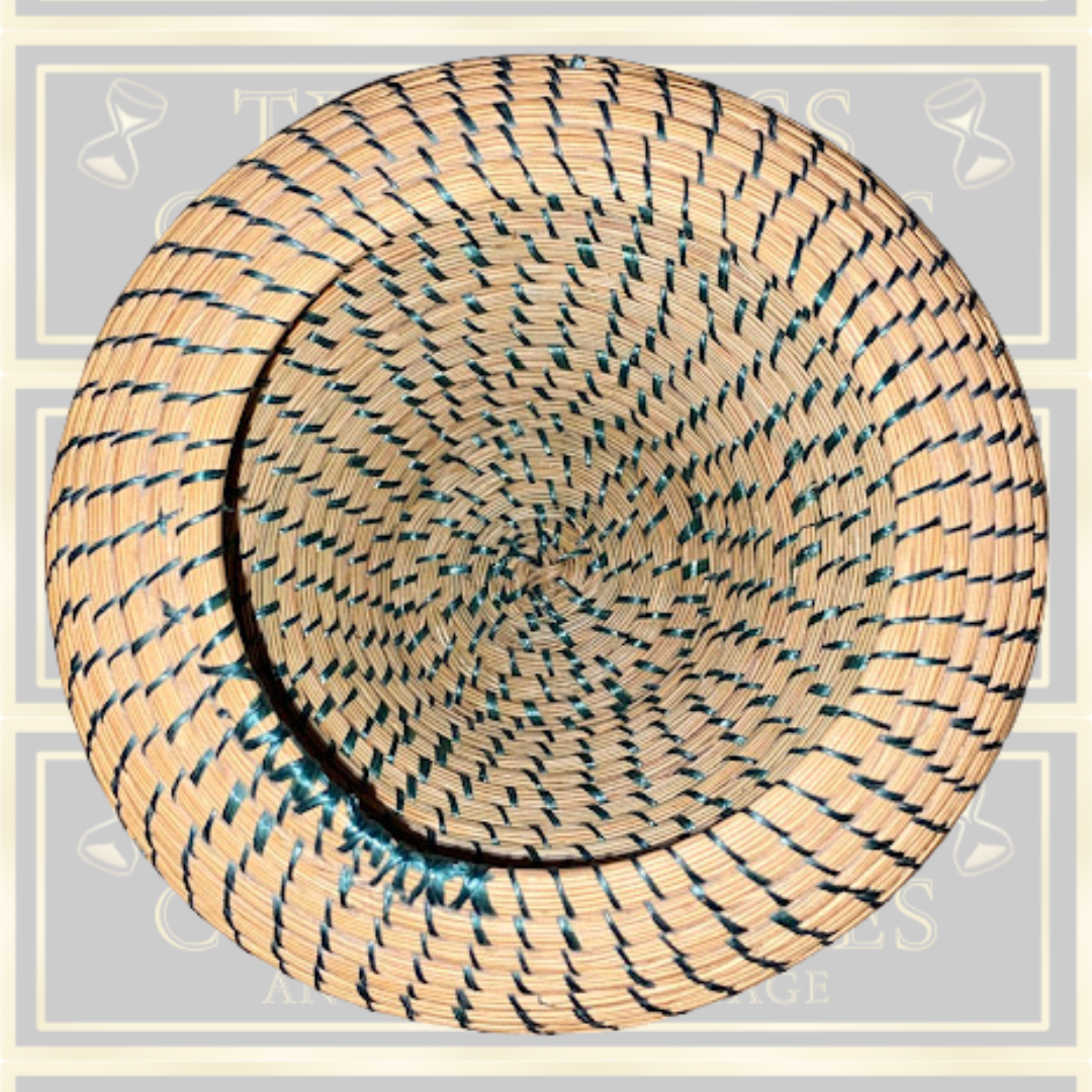 Vintage Coiled Hand Woven Round Lidded Basket Straw natural teal