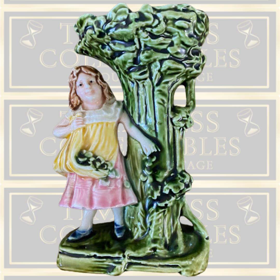 Antique Majolica Girl Apple Picker Vase