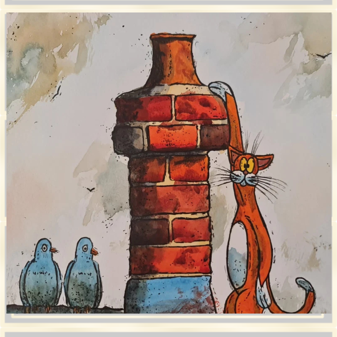 Original Watercolour Painting Titled "Mischief On The Roof
