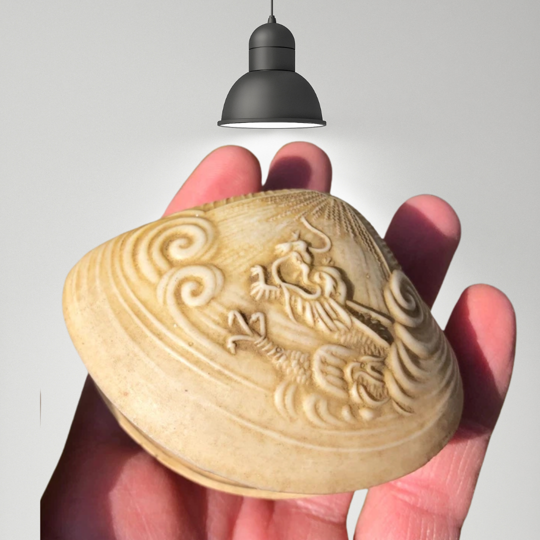 Vintage Japanese Carved Clam Shell with Serene Water Wheel Scene