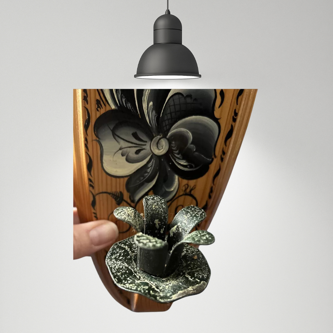 Vintage Norwegian Rosemaling Wood Wall Sconce Candle Holder