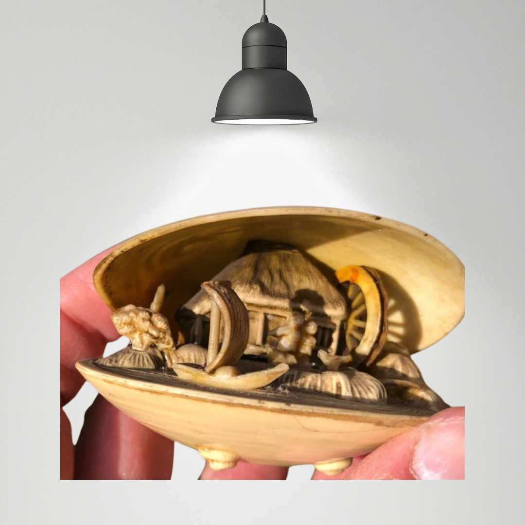 Vintage Japanese Carved Clam Shell with Serene Water Wheel Scene