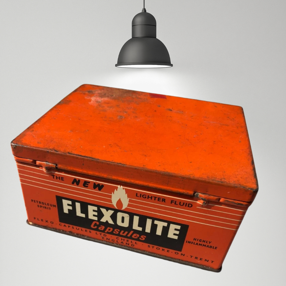 Vintage Flexolite Shop Counter Advertisement Lighter Fluid Tin
