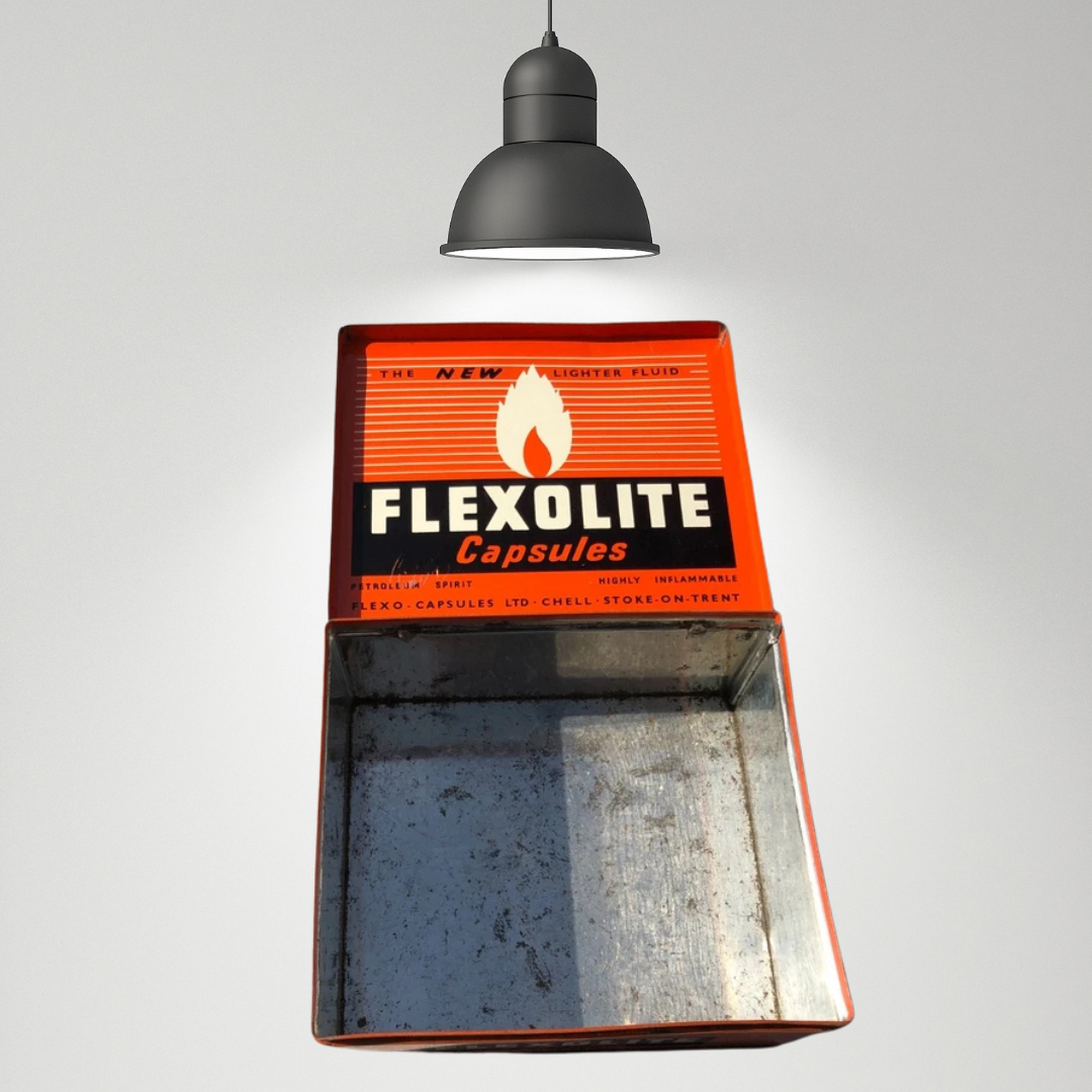 Vintage Flexolite Shop Counter Advertisement Lighter Fluid Tin