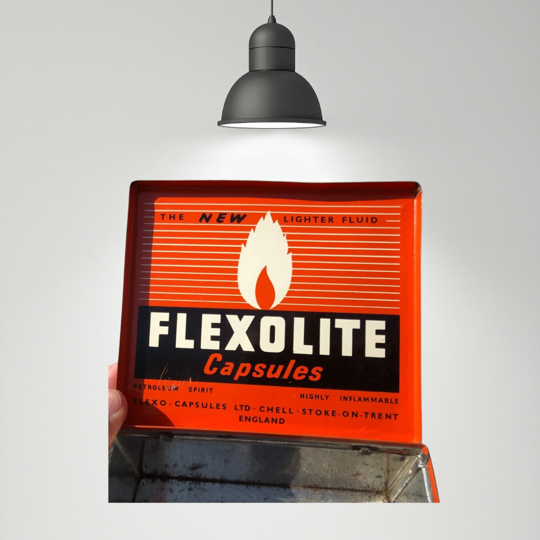 Vintage Flexolite Shop Counter Advertisement Lighter Fluid Tin