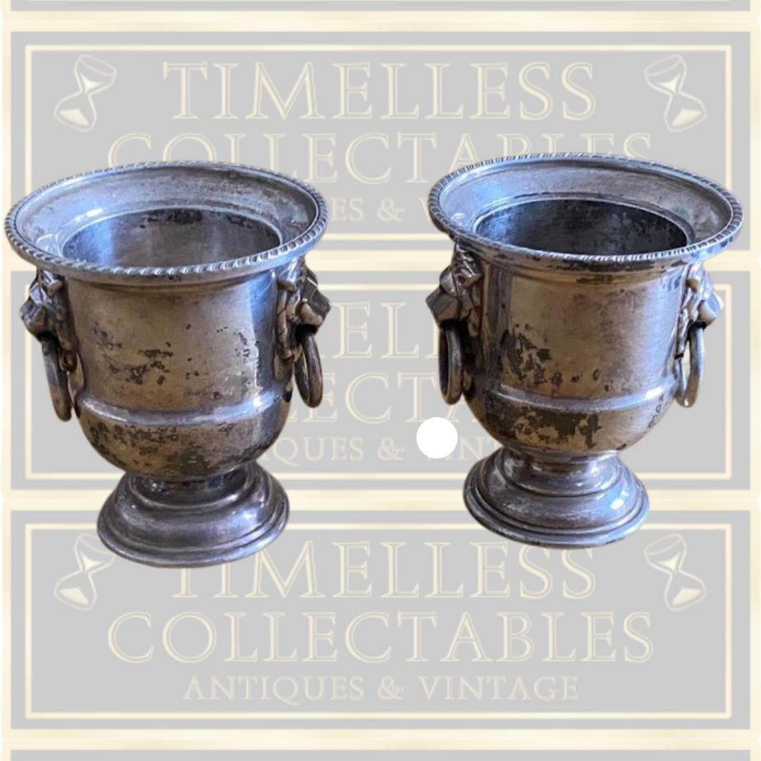 Pair Vintage Viners Of Sheffield Silver Plated Lion Head Ringed Small Urn/Eggcup's