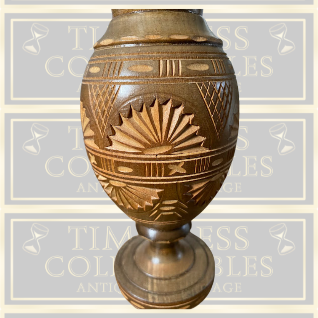 Vintage Handmade Wood Turned Carved Floral Design Vase