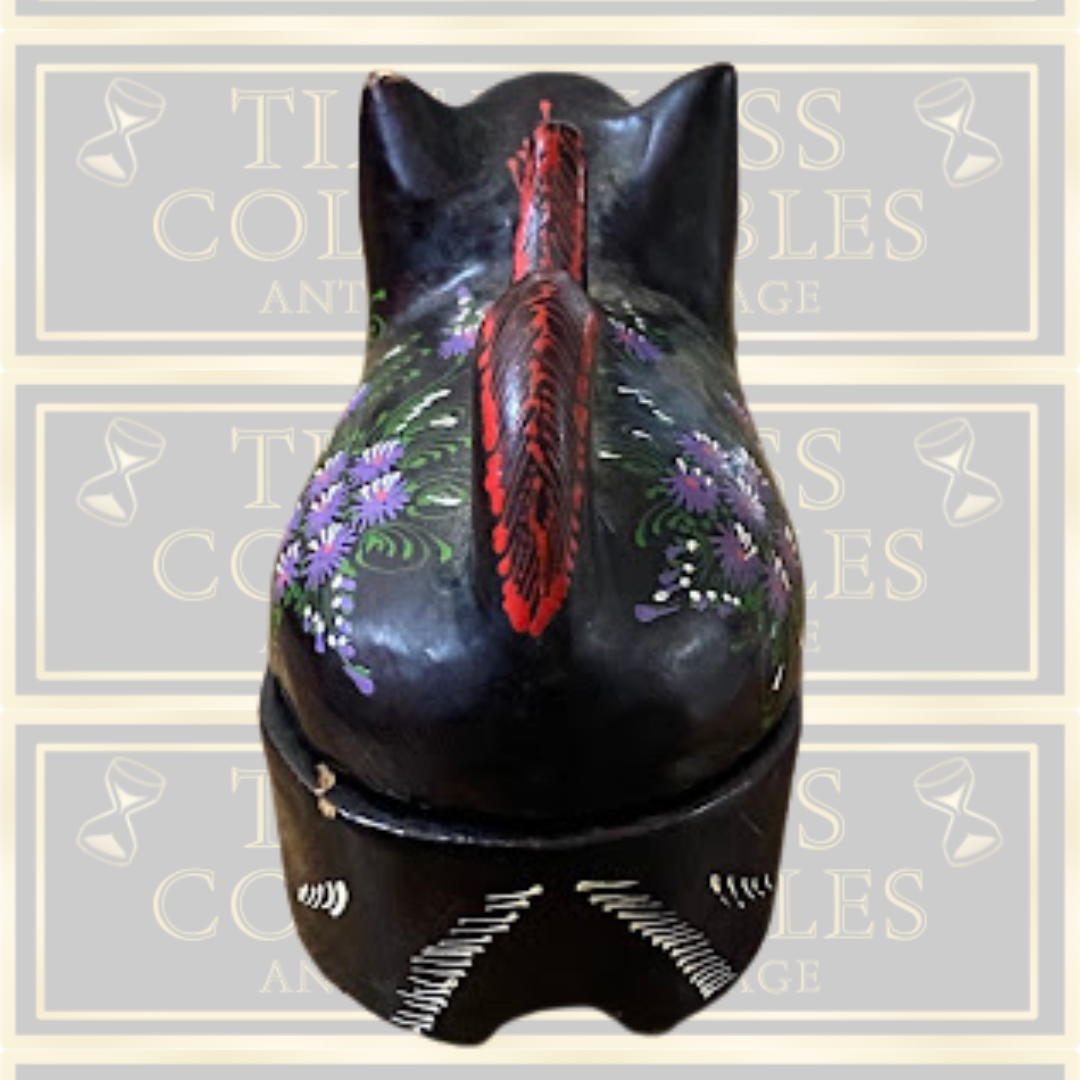 Vintage Black Lacquer Mango Wood Hand Painted Cat