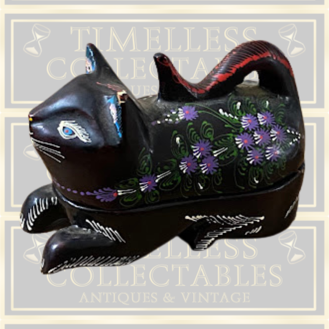 Vintage Black Lacquer Mango Wood Hand Painted Cat