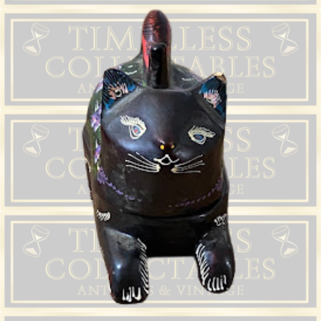 Vintage Black Lacquer Mango Wood Hand Painted Cat