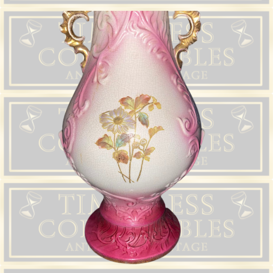 Antique Austrian Floral Pink & White Floor Standing Vase