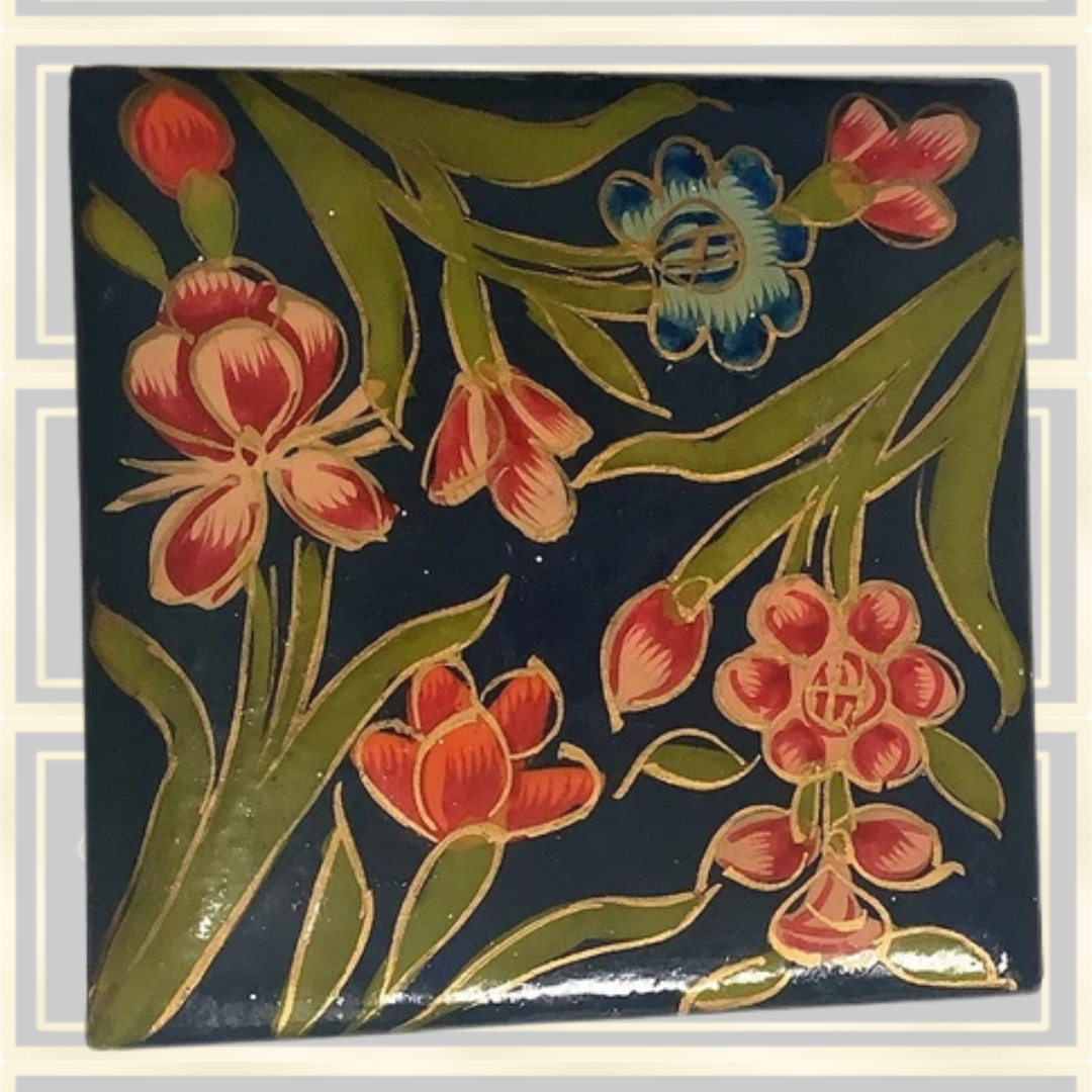 Vintage Candle Holders & Box Set Navy Blue Pink Flower Pattern