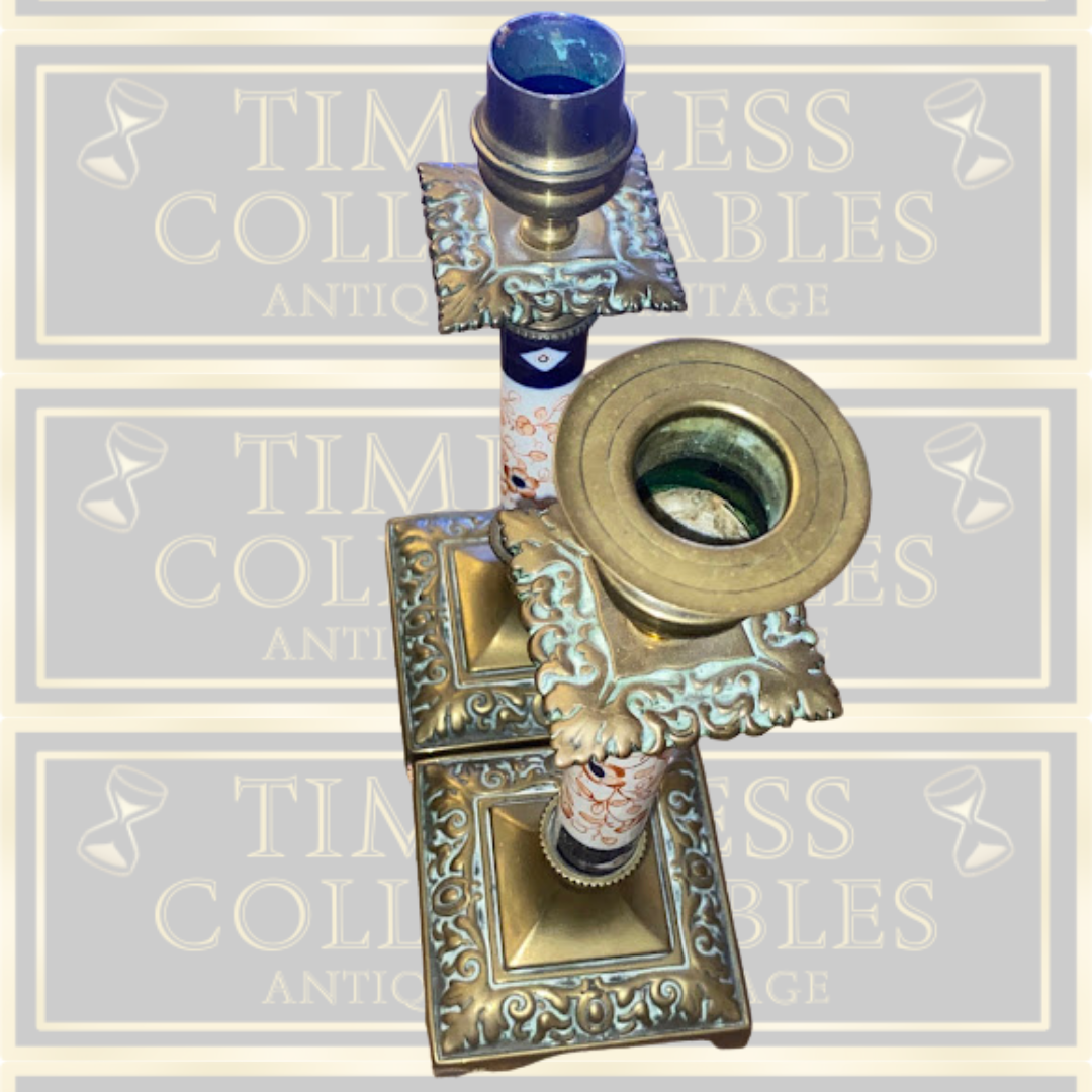 Antique Pair Solid Brass & Porcelain Candle Holders