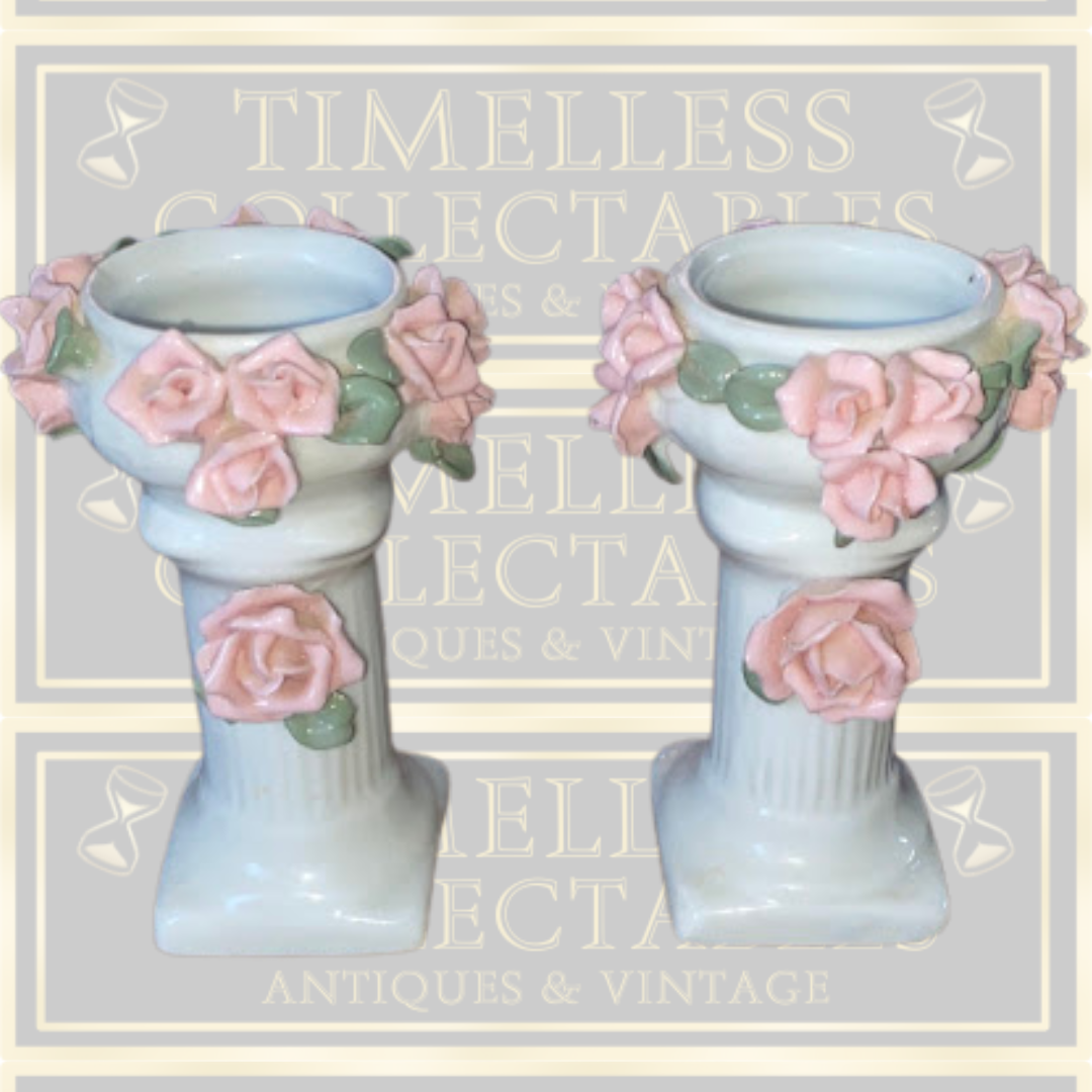 Vintage Pair Candle Holders Applied Pink Roses