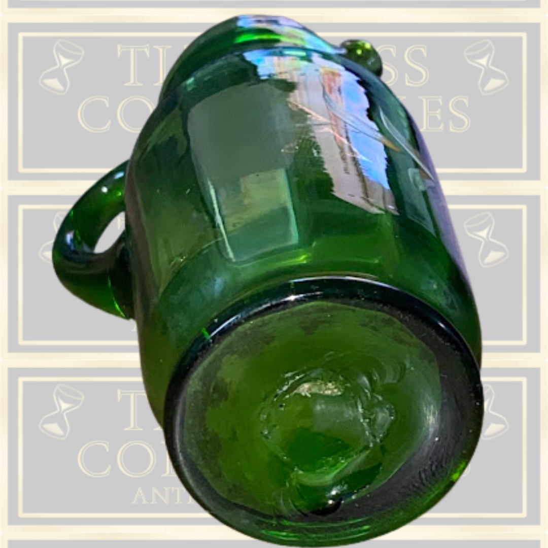 Antique Green Small Glass Jug Floral Painted