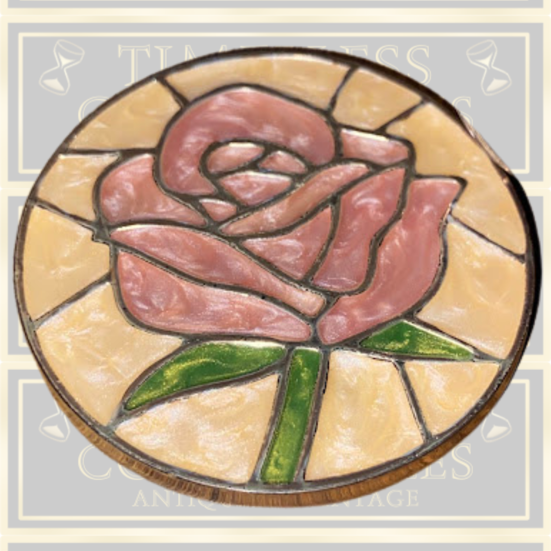 Vintage Metal Circular Pink Rose Enamel Trinket Box