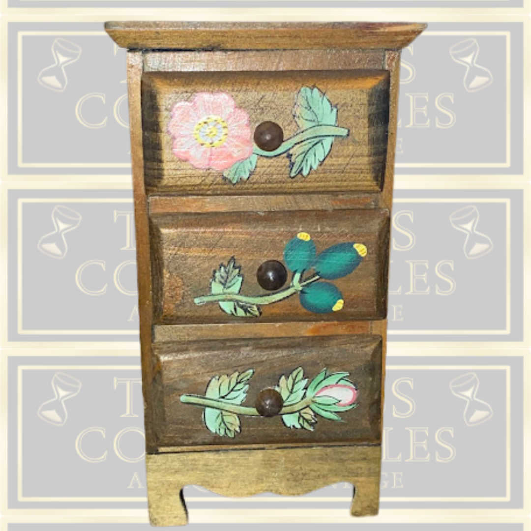 Vintage Miniature Hand-Painted Wooden Folk Art Floral three drawers