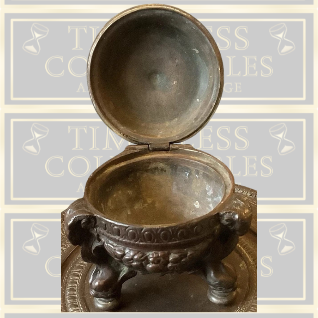 Antique Solid Bronze Rams Head Hinged Pot With Attached Round Tray
