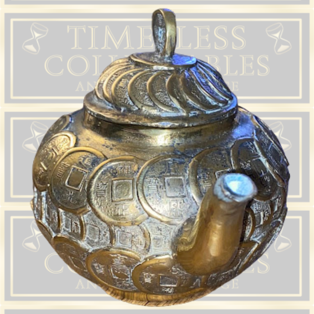 Antique Brass Engraved Chinese Coin Teapot