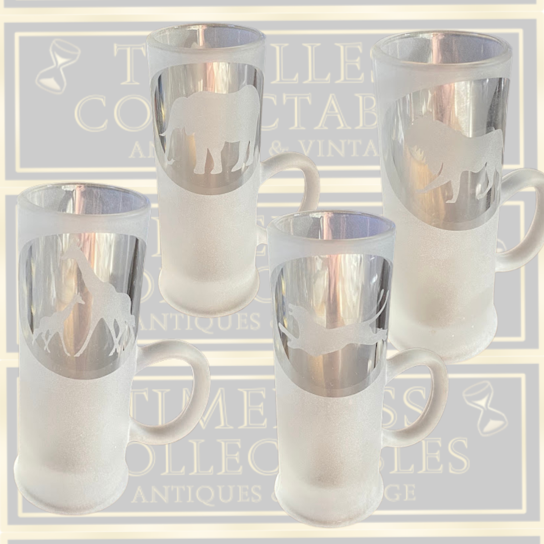Vintage Frosted French Etched African Animal Silhouettes Glasses