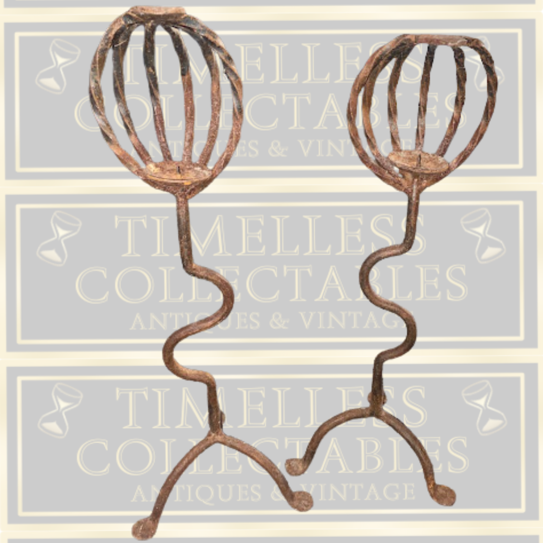 Antique Pair Large Gothic Handmade Wrought Iron Candle Holders