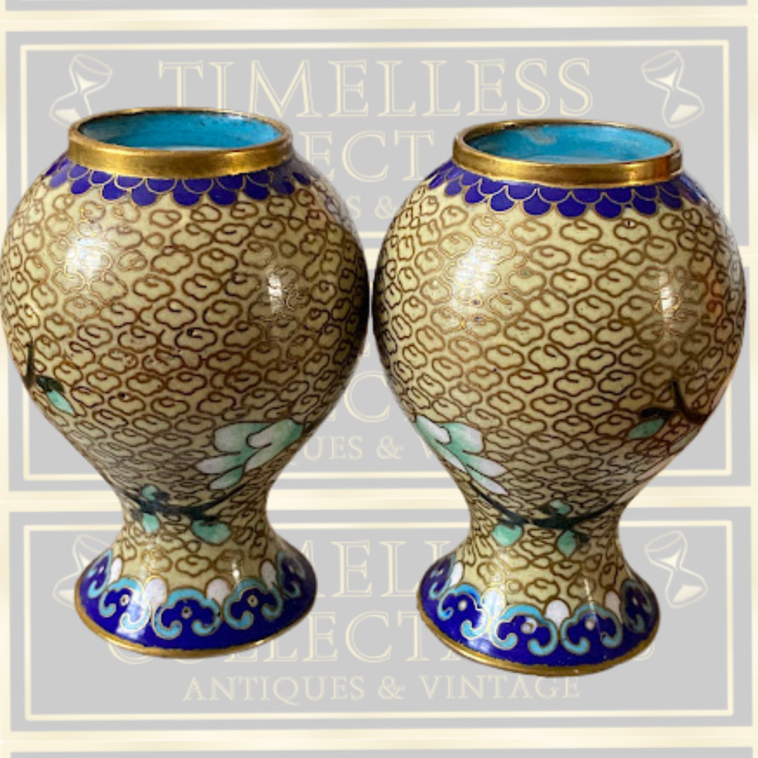 Vintage Pair Chinese Floral Blossom Cloisonné Enamel Miniature Vases