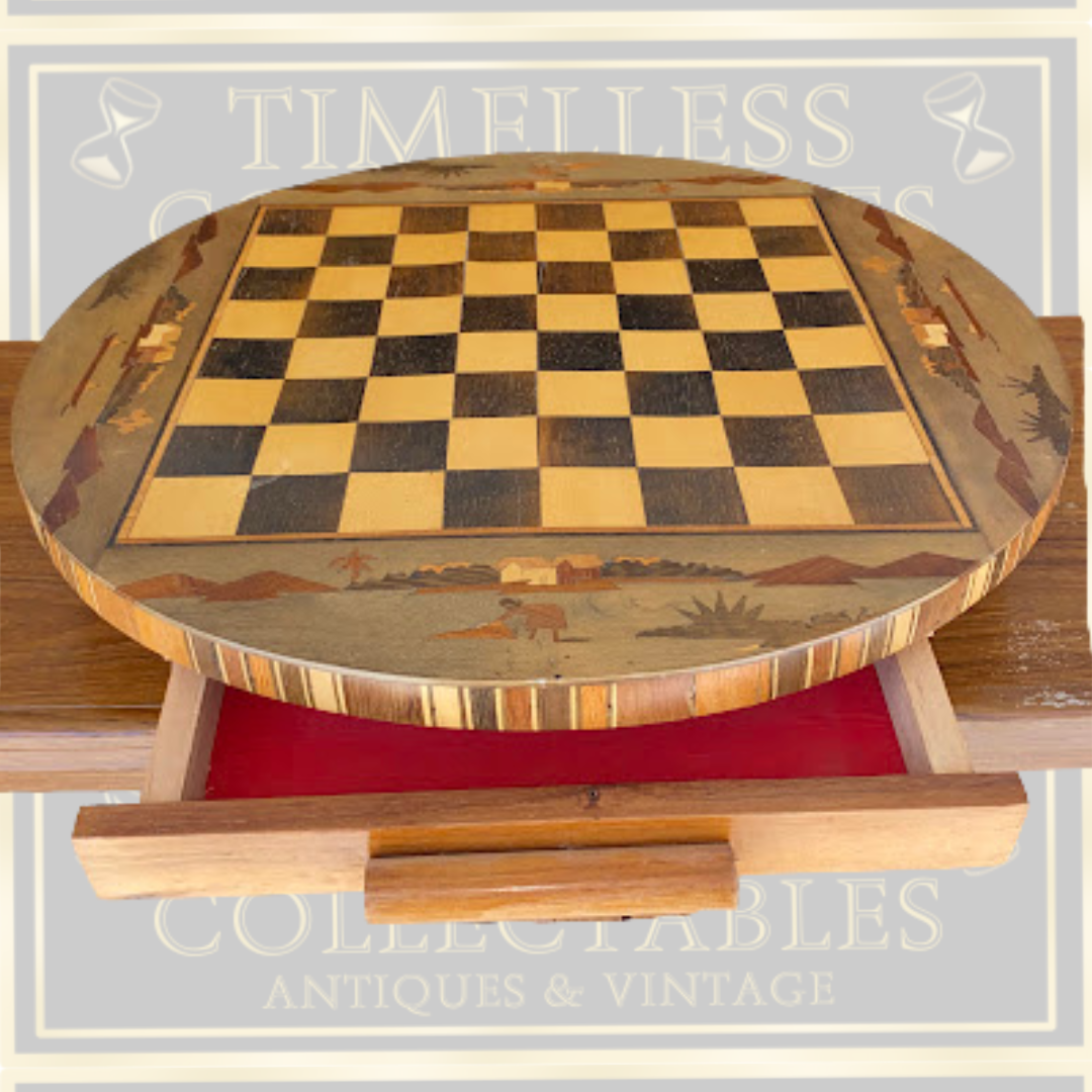 Vintage Round Marquetry Table Top Chest Board