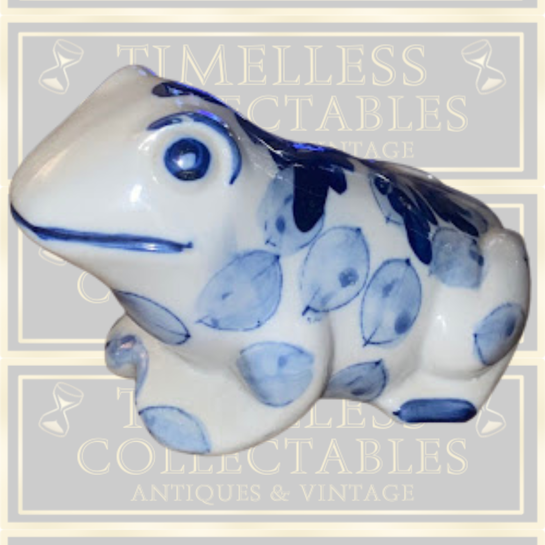 Vintage Blue White Delft Leaf Pattern Ceramic Frog Ornament