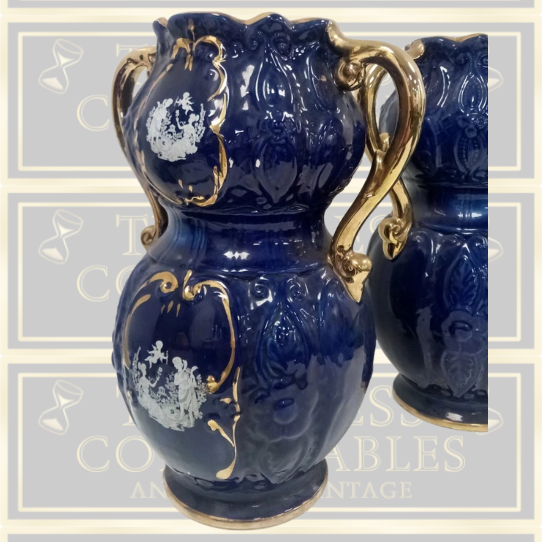 Antique Pair Italian Cobalt Blue and Gold Ceramic Vases