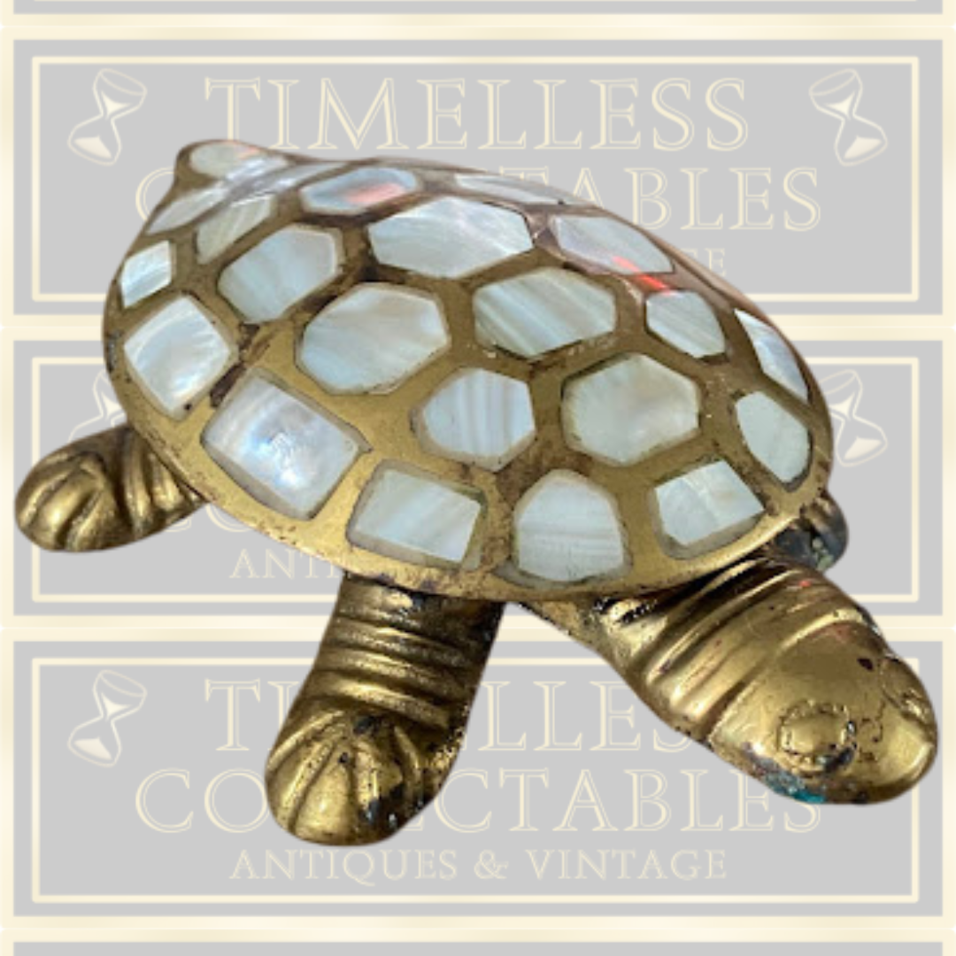 Vintage Brass And Mother Of Pearl Sea Turtle Trinket Box