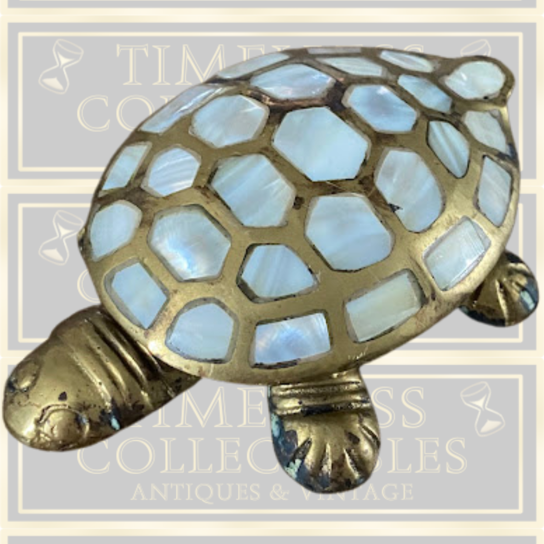 Vintage Brass And Mother Of Pearl Sea Turtle Trinket Box
