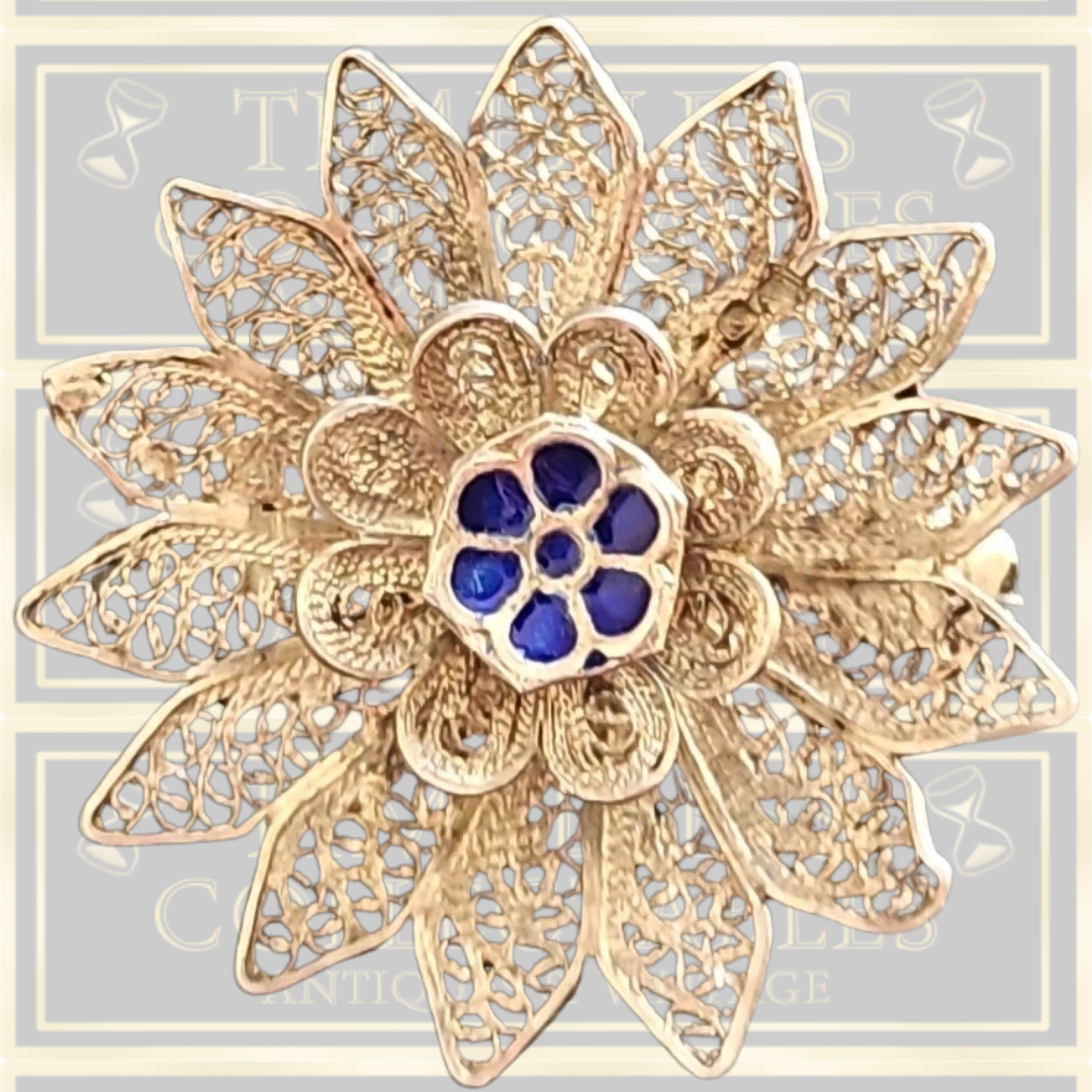 Vintage Sterling Silver Flower Blue Enamel Brooch