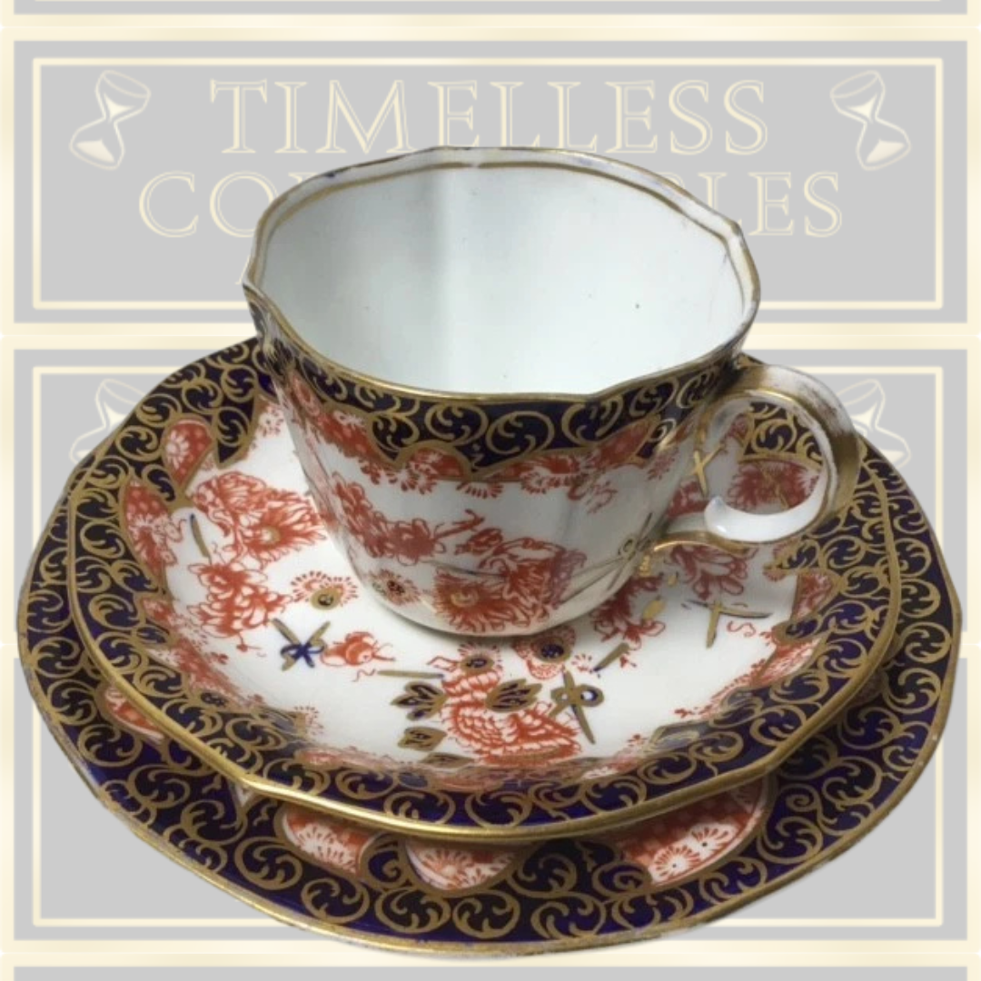Antique Royal Crown Derby Old Imari demitasse cup, saucer and plate trio