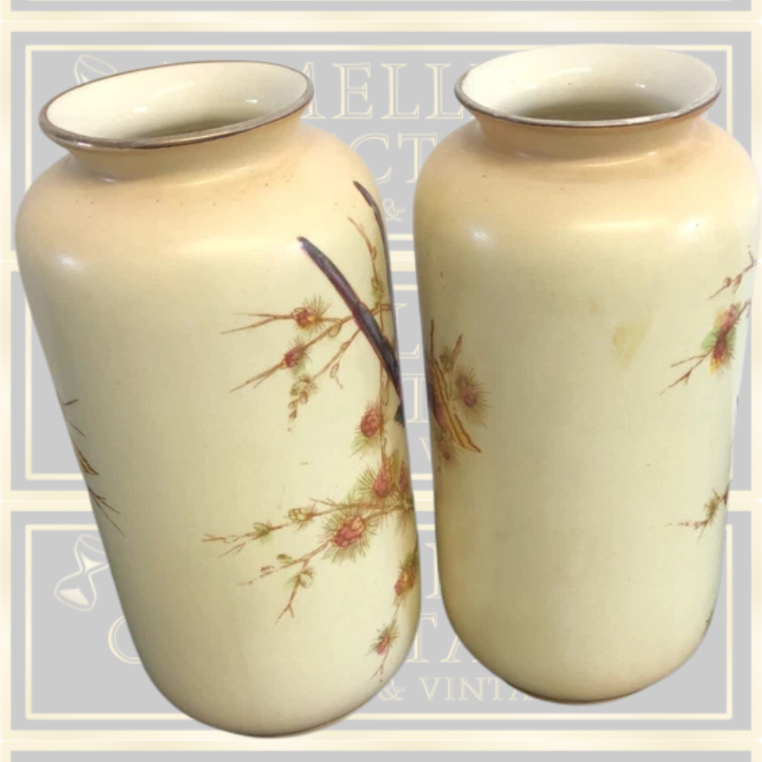 Antique Pair Crown Ducal Blush Ivory Vases Exotic Birds Design