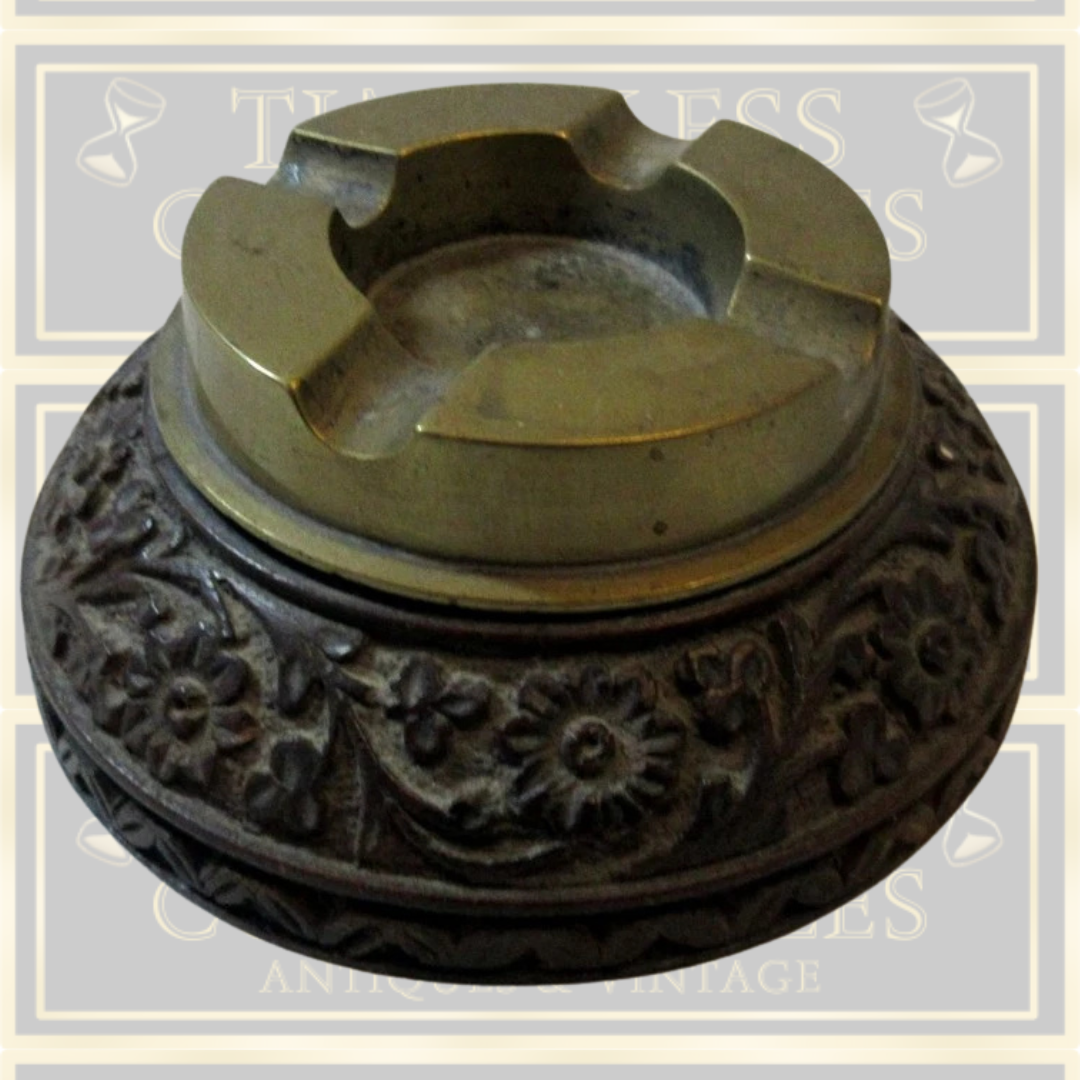 Antique Brass And Wood Ashtray