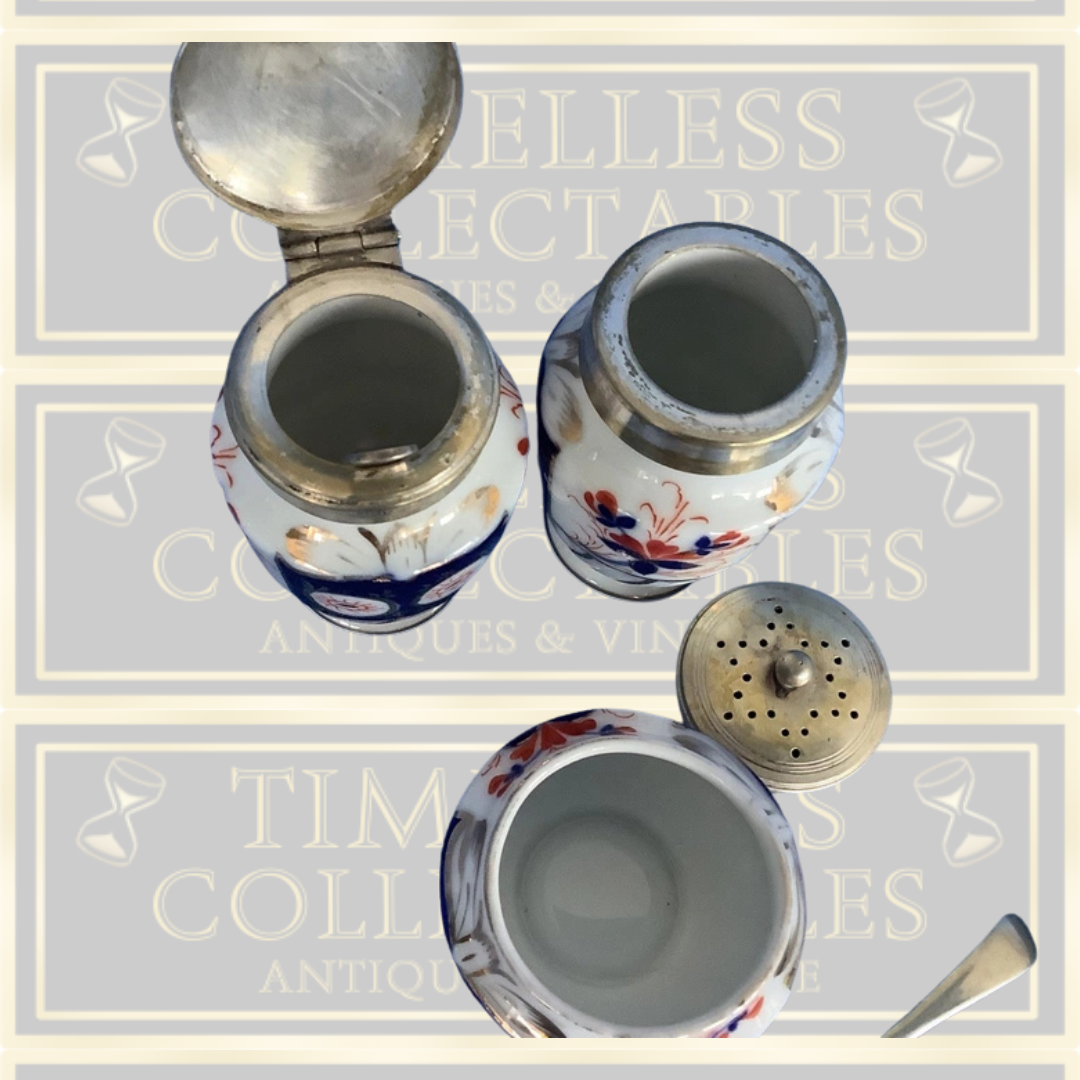 Antique Imari Pattern Cruet Set piece With Spoons