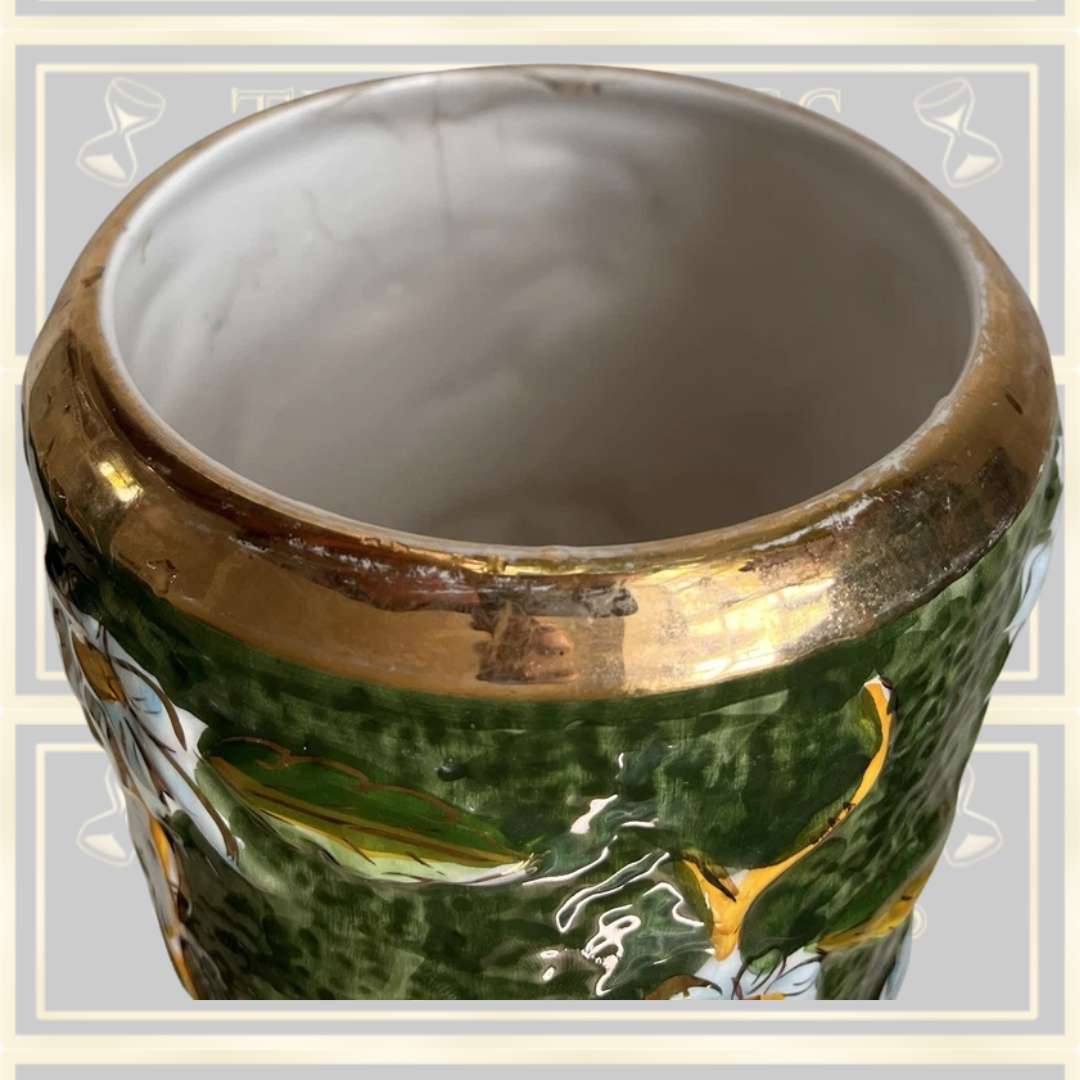 Vintage Green Floral Majolica Style Vase