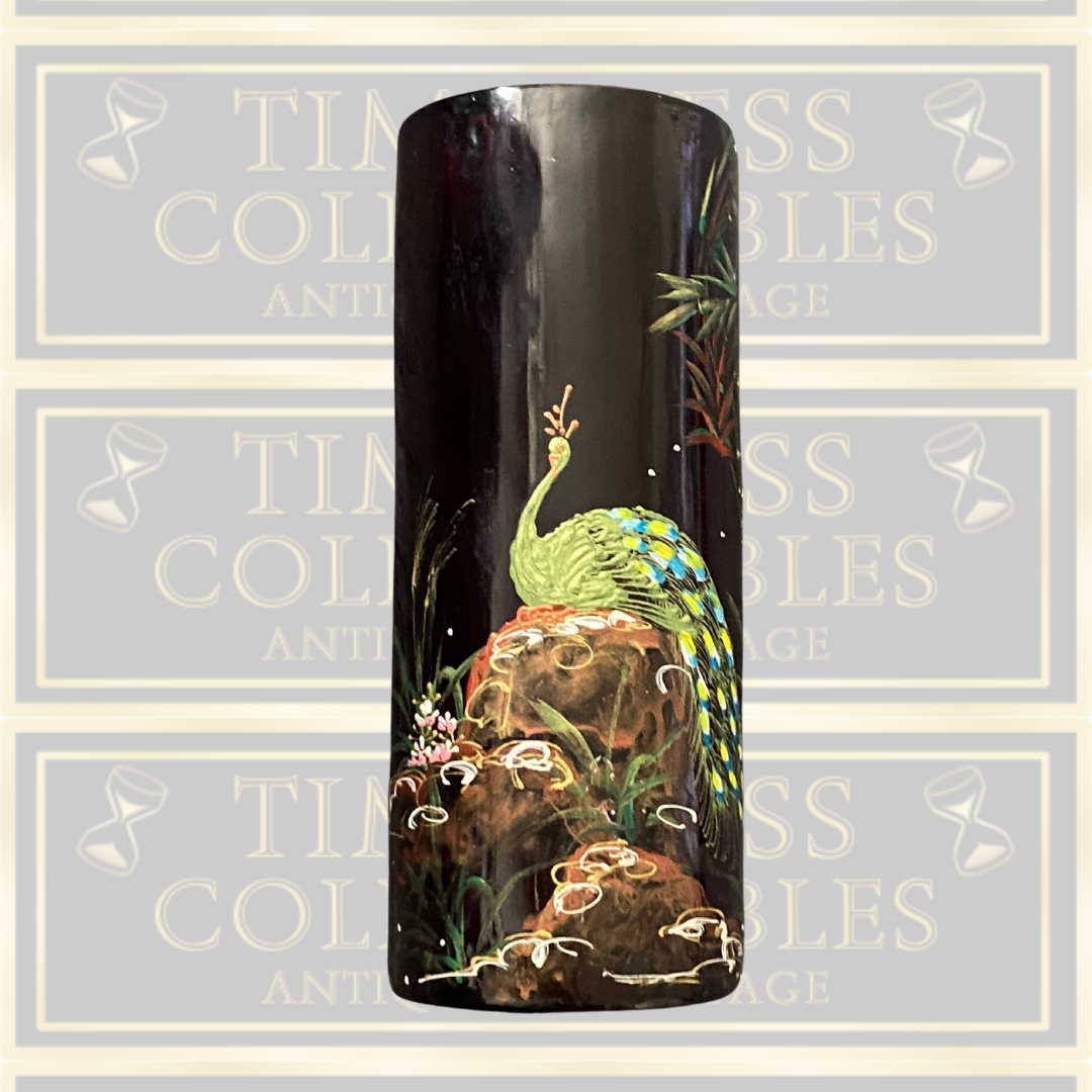 Antique Hand Painted Peacock Brush Pot/Vase