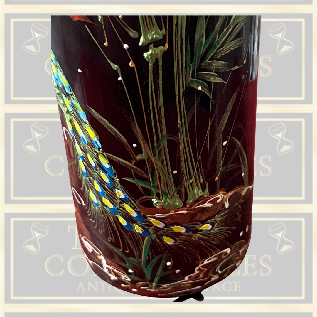 Antique Hand Painted Peacock Brush Pot/Vase