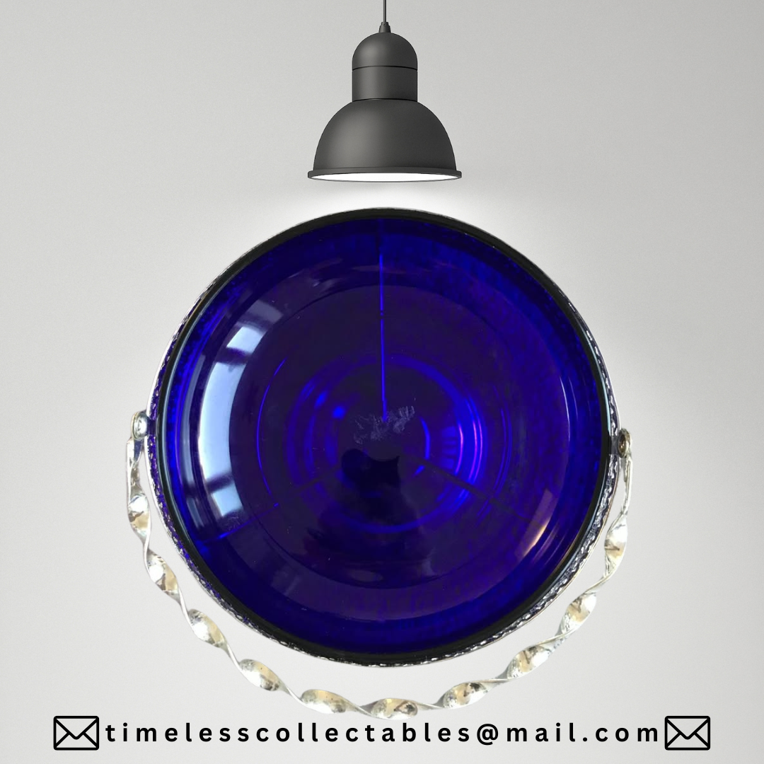 Vintage Queen Anne Large Chrome & Cobalt Blue Glass Bowl With Handle