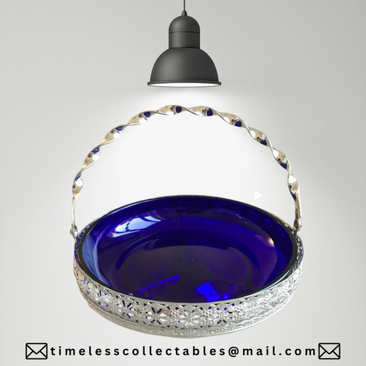 Vintage Queen Anne Large Chrome & Cobalt Blue Glass Bowl With Handle