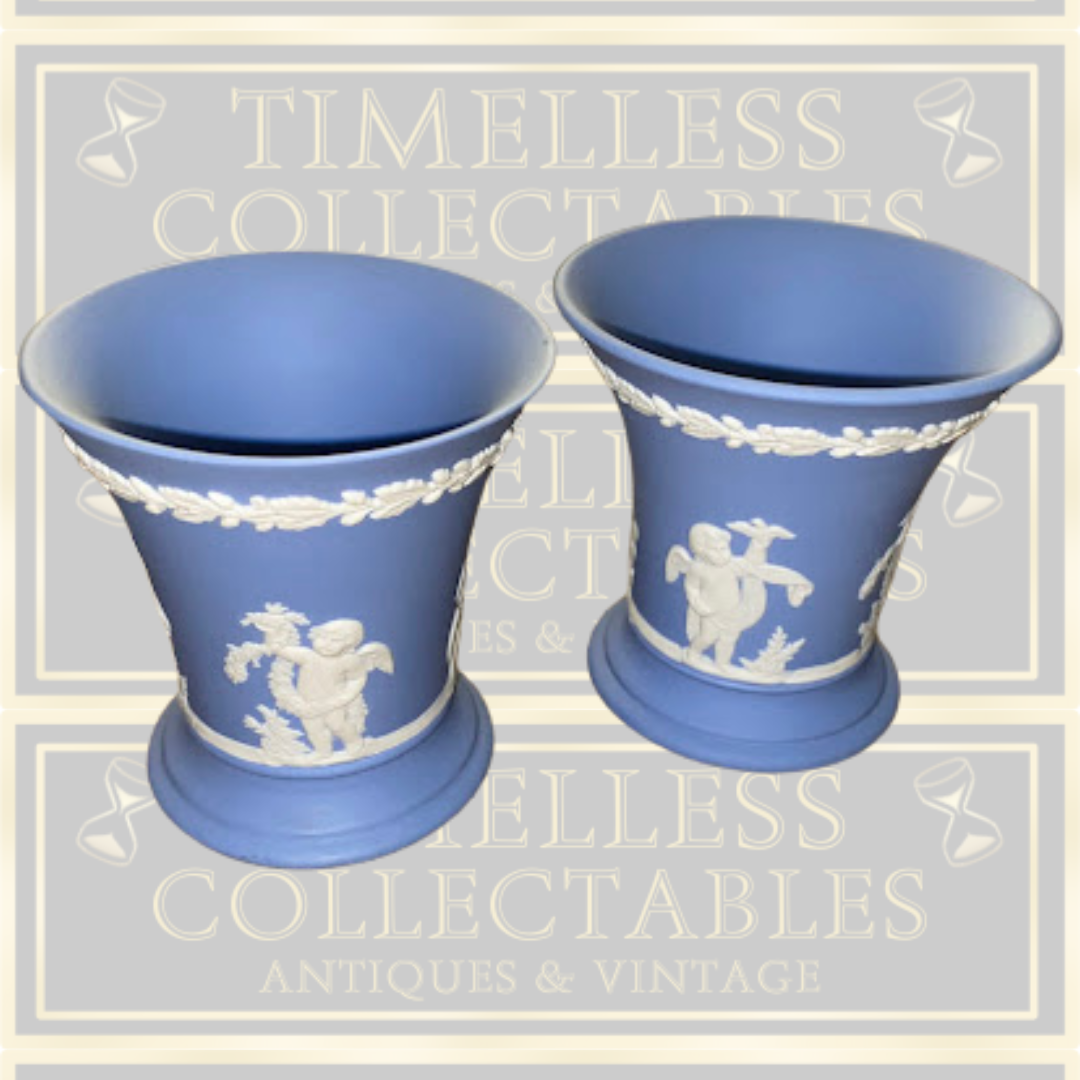 Vintage Pair Wedgwood Jasperware Trumpet Vases